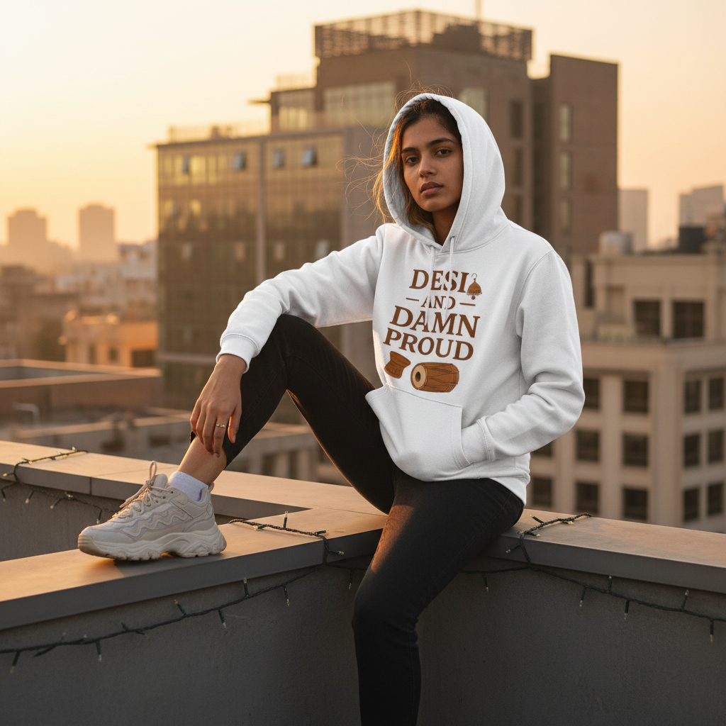 Desi and Damn Proud White Hoodie - Outdoor