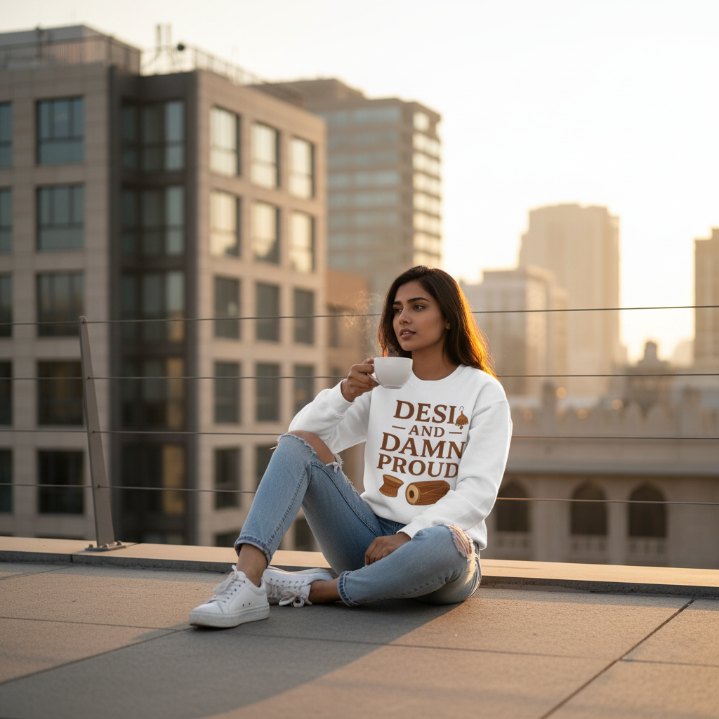 Desi and Damn Proud White Sweatshirt - Outdoor